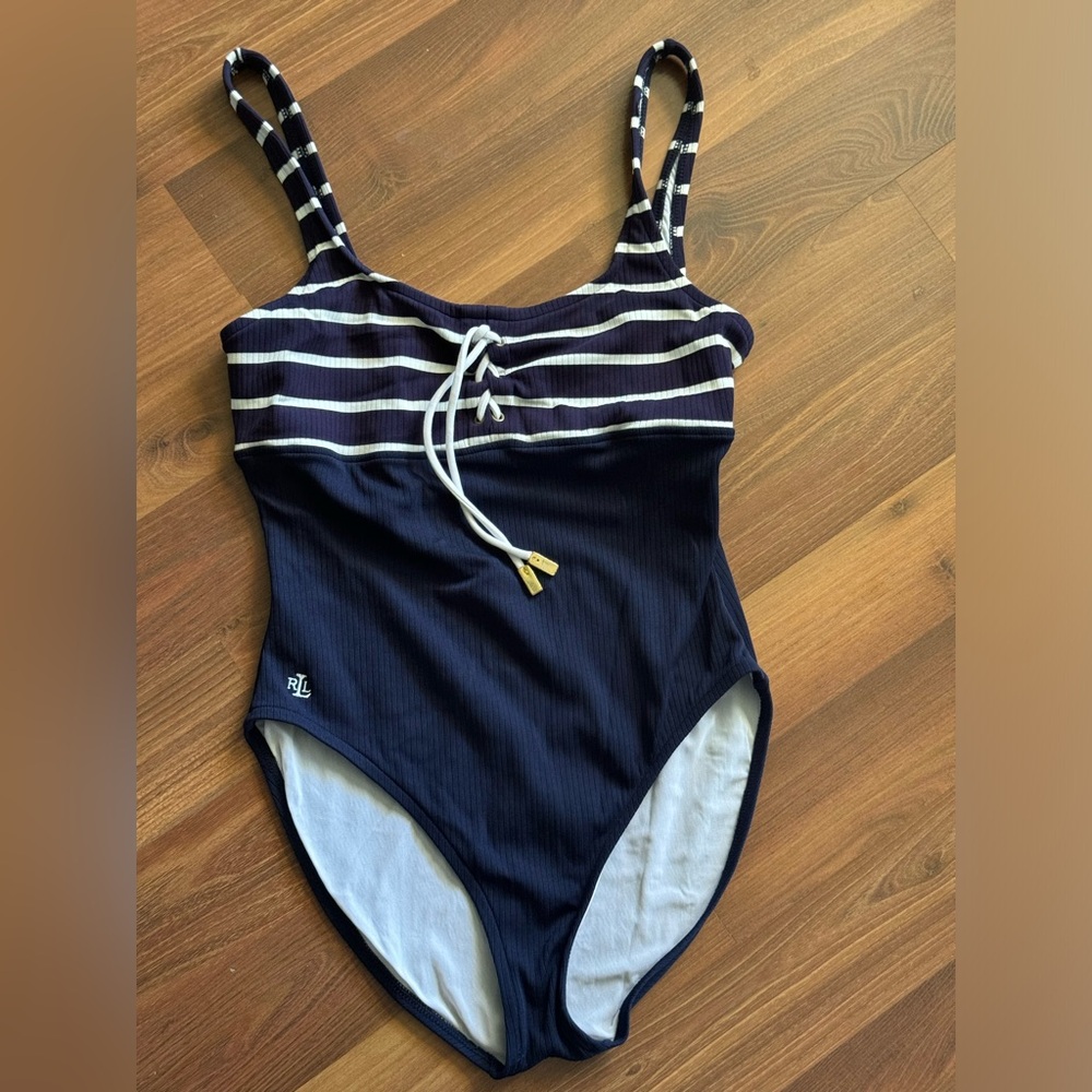 Lauren Ralph Lauren Womens Navy Blue White‎ Striped Nylon One-Piece Swimsuit 14